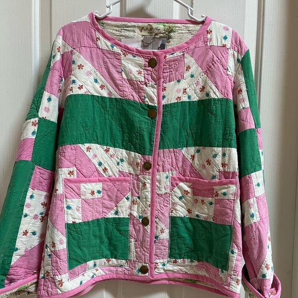 Handmade Patchwork Quilt Jacket Coat Pink Green Jacobs Ladder Small Medium - Picture 1 of 7